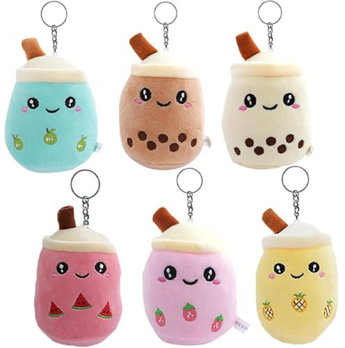 RXKFIGX 6er-Pack Bubble Tea Kuscheltier Mit Schlüsselanhänger Milk Tea Kuscheltier SchlüsselanhängerBubble Tea Kuscheltier Gefüllte Plüsch Spielzeug für Party Geschenke Klassenzimmer
