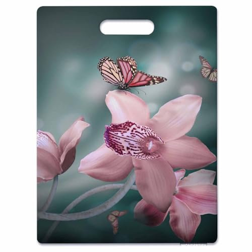 Wondertify Großes Schneidebrett mit Blumenmuster, Orchidee, Blume, Schmetterling, frisch, Frühling, Natur, spülmaschinenfest, Schneidebrett für die Küche, mit einfachem Griff, 40,4 x 25,4 cm