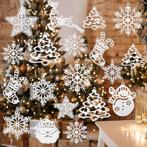 Lunmon 48 ornamenti natalizi all'uncinetto a forma di fiocco di neve, pupazzo di neve, cervo, stella, Babbo Natale, decorazioni da appendere per albero di Natale, casa, parete, festa, regalo, 8 stili