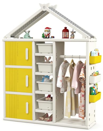 COSTWAY Kids Storage Closet, Children Wardrobe with Clothes Rail, Toy Bins, Shelves, Side Baskets, Open Dress Up Armoire Organizer for Boys Girls (Yellow)