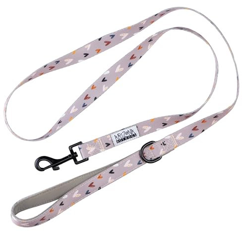 Arizona Hotdogs Hundeleine 1,5m | Griffschlaufe mit Neoprenpolster | Sweet Love Taupe Herz-Muster | M