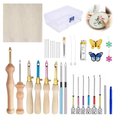 GAESHOW 35 Stück Stanznadel Set, Punch Needle Kit mit Holzgriff, Verstellbar Stanznadel Werkzeug für Basteln, Stickerei Starter Kit für Stickgarn Kreuzstich Anfänger