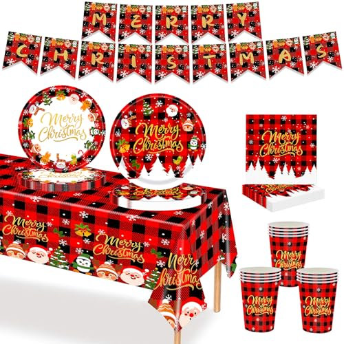 MORAINJAY 70 pièces de vaisselle de Noël Ensemble de fête avec Père Noël et bonhomme en pain d'épice, gobelets, assiettes, serviettes et bannière pour célébrer Noël, fournitures pour cadeaux