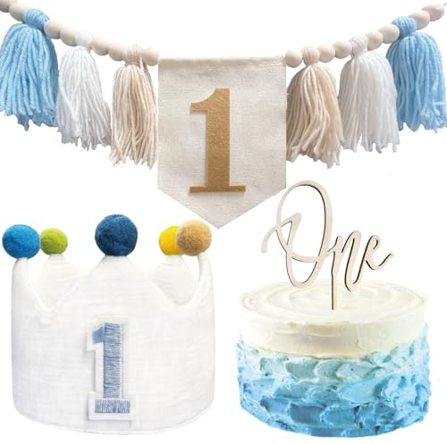HYHIOTS 1. Geburtstag Dekorationen für Jungen One Hochstuhl Banner mit Erster Geburtstag Krone Hut und One Year Old Cake Topper für Jungen Baby Shower (Blue b)