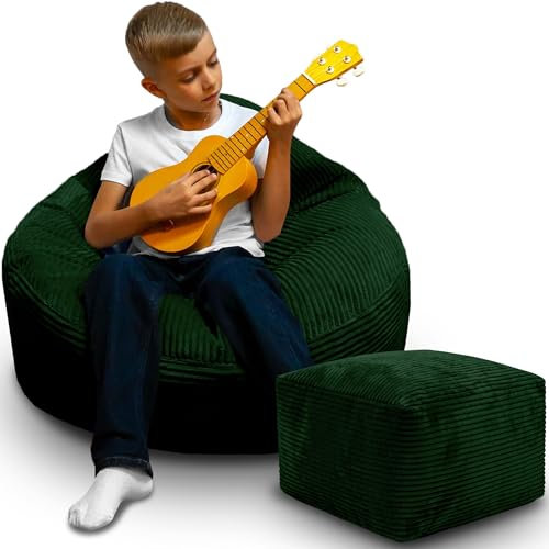 DreamRoots Sitzsack Erwachsene Cord oder Kinder - Bean Bag Sofa - Sitzsack Cord mit Hocker und Bezug - Sitzsäcke mit Füllung 70x70x70 cm Forest Symphony