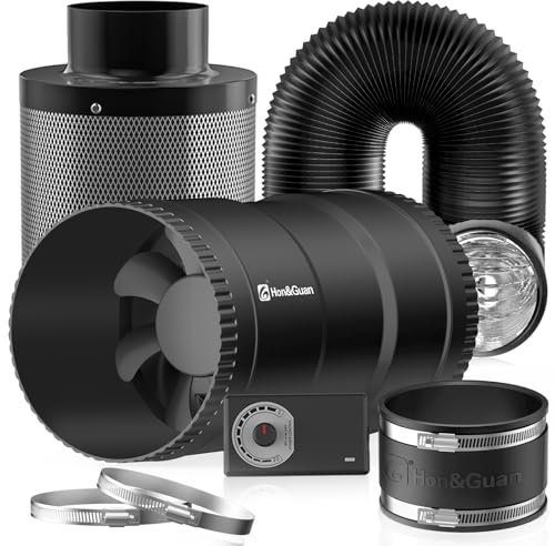 Hon&Guan 150 mm Lüftungsset 587 m³/h Inline Rohrventilator Komplettset mit Drehzahlsteller Aktivkohlenfilter Abluftchlauch Gummimuffe, Belüftungssystem für 60x60cm 80x80cm Growzelt