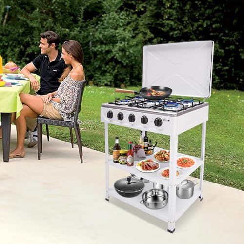 Tragbarer Gasherd 5 Flammen, Gaskochfeld mit Rutschfester Halterung, Freistehender Gaskocher, Erdgasherd Outdoor Campingherd Garten BBQ Grillherd 2.5KW
