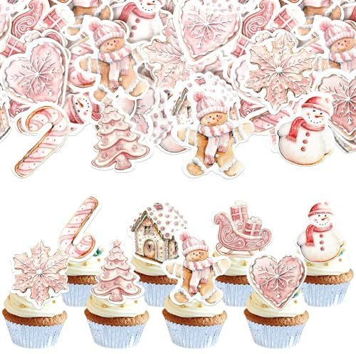 Xsstarmi 56 Pack Edible Christmas Cupcake Toppers Rice Paper Snowflake Xmas Tree Snowman Sled Cupcake Picks Merry Christmas Cake Decorations for New Year Christmas Holiday Party Supplies