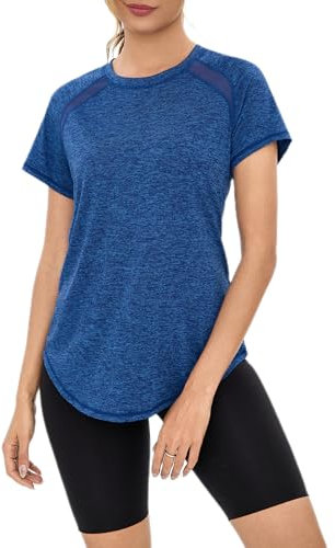 Gyabnw Ladies Sports Top Gym Shirts Short Sleeve Casual Workout Yoga Running Top Crew Neck Back Mesh Fitness Athletic Tee Shirts Cobalt Blue