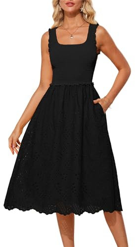 GRACE KARIN Women's Elegant Wedding Bridesmaid Dress Slim Fit Smocked Ruffle Midi Dress Embroidered Lace Flared Sundress Black XL