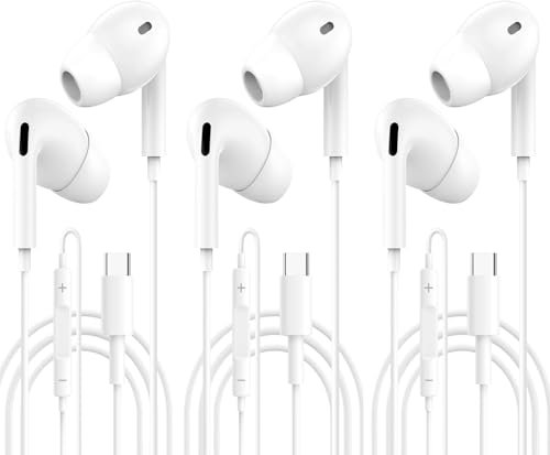 3PC USB C Kopfhörer für iPhone 16 Kopfhörer mit Kabel/Typ C Ohrhörer kabelgebunden mit Mikrofon und Lautstärkeregler, HiFi Stereo Ohrhörer für iPhones 16/15/Galaxy S24/S23/15 Plus/Google Pixel/Huawei