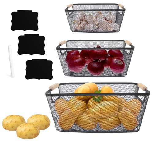 Xbopetda Potato Storage Onion Storage, 3 Set Vegetable Storage Rack with Wooden Handle, Potato Bin Onion Hoder Garlic Storage for Pantry Kitchen, Metal Mesh Baskets for Vegetable Fruit Produce, Black