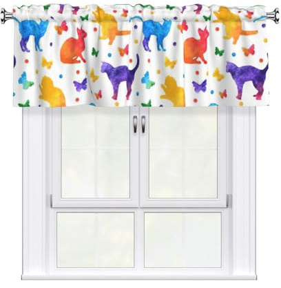 Koloqren Polka Dots Cat Print Halbfenster Querbehang 137 x 45,7 cm Kurzgardine mit Stangentasche