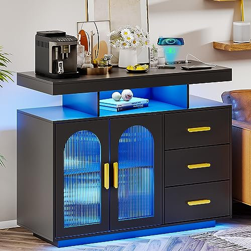 Gurexl LED Sideboard with Wirelesss Charging Station 40, Black Modern Buffet Cabinet Table with RGB 24 Colors Dimmable, Coffee Bar Station with 3 Drawers Suitable for kitchen, restaurant, etc.