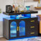 Gurexl LED Sideboard with Wirelesss Charging Station 40, Black Modern Buffet Cabinet Table with RGB 24 Colors Dimmable, Coffee Bar Station with 3 Drawers Suitable for kitchen, restaurant, etc.