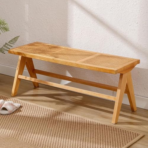 Ya-Home Esstischbank Rattan Sitzbank mit Massivholzbeinen Atmingsaktive Eingangsbank Esszimmerbank Küchenbank ohne lehne für Esszimmer/Balkon/Flur, Gelb