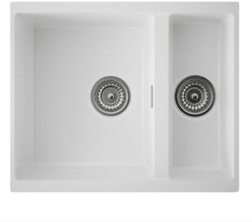 Austen & Co. Florence Inset & Undermount 1.5 Bowl Reversible Granite Kitchen Sink with Strainer & Over Flow Kit - White