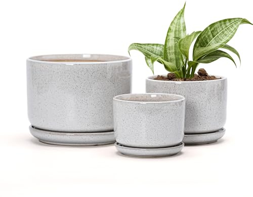 Ceramic Planters,Plant Pots with Saucers Set of 3(Reactive Glaze White) | Colorful Ceramic Planters for Indoor Plants | Medium Plant Pots | Cute Herb Planting Pots | 4+5+6.5 Inch Garden Pots