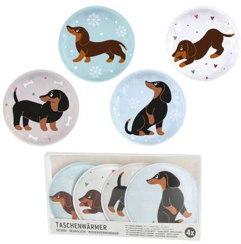 Taschenwärmer Hund Dackel (4er Set) - Wichtelgeschenk Hundefreunde, Handwärmer Winter, Taschenheizkissen