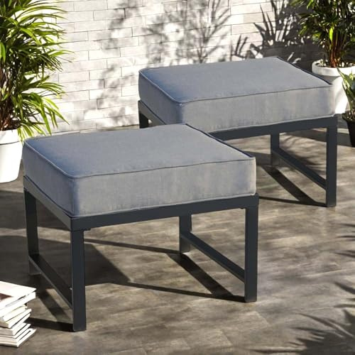 2er Set Metall Outdoor Ottomane, Allwetter Schwarze Fußhocker mit grauen Kissen, Kleine Terrassenbänke für Hof, Veranda, Garten und Deck - Stilvoll und