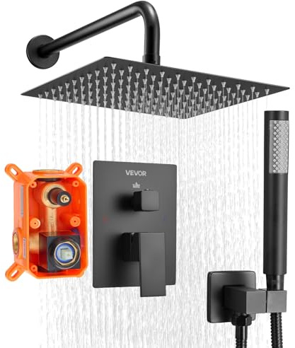 VEVOR Set Doccia, Flessibile Sistema Doccia a Pioggia per Bagno con Soffione Quadrato da 25,4 cm e Doccetta, Accessori per Vasca da Parete con Valvola in Ottone e Kit di Finitura, Nero Opaco