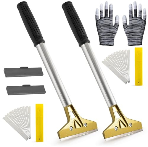 2 Stück Tapetenentferner Set, Tapetenschaber mit 20 Ersatzklingen und 1 Paar PU-beschichtete Gestreifte Handschuhe, Bodenschaber zum Entfernen von Tapeten und Bodenfliesen-Kleber, Abziehbilder