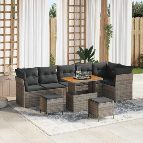 Teenpull Garten-Sofa-Set 9-teilig, Grau, Poly-Rattan, Akazienholz, Outdoor-Möbel für Terrasse, Balkon, gemütliche Sitzgruppe für 8 Personen