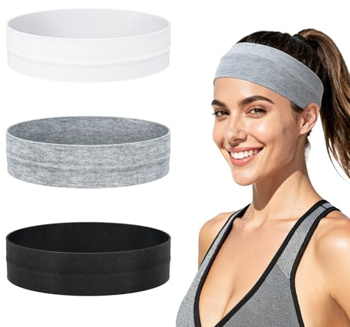 3 Stück Haarband Damen, Rutschfestes Stoff Sport Stirnband Damen Herren, Schweiß Aufnehmendes Headband Dünn, Elastisches Weiches Hair Band für Laufen, Yoga, Workout (Schwarz, Weiß, Grau)
