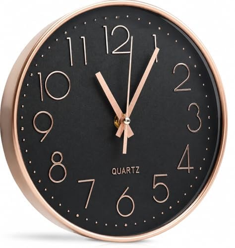 Generico Orologio da Parete Moderno Nero e Oro Rosa con Vetro Frontale, Silenzioso Quartz, Design Elegante per Casa Ufficio Cucina (20 Centimetri)