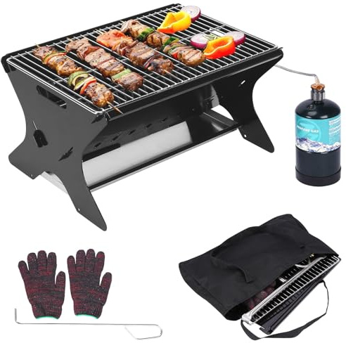 GFTIME Tragbarer gasgrill mit Stecksystem, gasgrill klein Gas & Holzkohlebetrieb – Inkl. Tragetasche, camping gasgrill Perfekt für Camping, Garten, Balkon