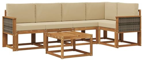 vidaXL Outdoor-Sofagarnitur 6 pcs Natur und Beige Massivholz Akazie, Outdoor-Ecksofa, modernes Lounge-Set für Garten, Robustes Sitzmöbel für Terrasse, Entspannen