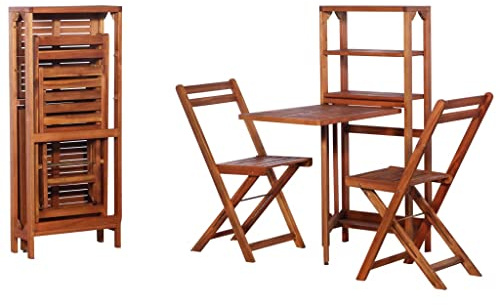 HETFTJN 3-teiliges Bistro-Set aus Akazien-Massivholz klappbar wetterbeständig 50 x 82,5 x 116 cm Regal-Tisch mit 2 Stühlen platzsparend für kleine Balkone Garten Terrassenmöbel zum Lounge-Essen