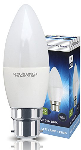 Long Life Lamp Company 2 x High Power LED Cool White 7w Candle Light Bulb Frosted Cover B22 Bayonet Cap BC 60w Equivalent