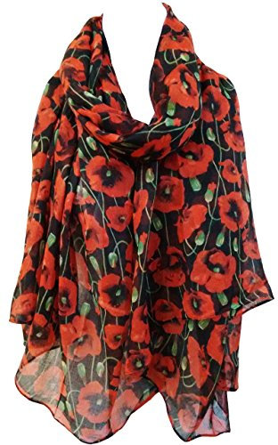 GlamLondon Schal mit Mohnblumen-Aufdruck, rot, perfekter Mohnblumen-Druck, modisch, für Damen, klassisch, groß, P-7182, Schwarz, 42
