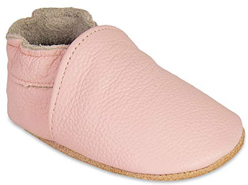 HMIYA Weiche Leder Krabbelschuhe Babyschuhe Lauflernschuhe mit Wildledersohlen für Jungen und Mädchen(12-18 Monate,Hell Pink)