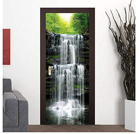 Forlingnight Tür Folie,Türaufkleber Wasserfall Natur Landschaft 3D Fototapete wasserdichte Tür Tapete Selbstklebende Wandtattoos Dekoration 90x200cm