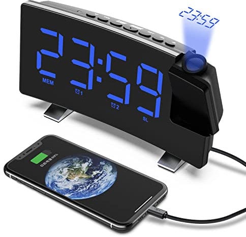 VORRINC Projektionswecker, Digital Wecker Radiowecker mit Projektion 180 °, USB-Anschluss Doppelalarme Snooze 12 / 24H, 3 Projektionshelligkeit mit Automatischem Dimmer, für Schlafzimmer Decke (Blau)