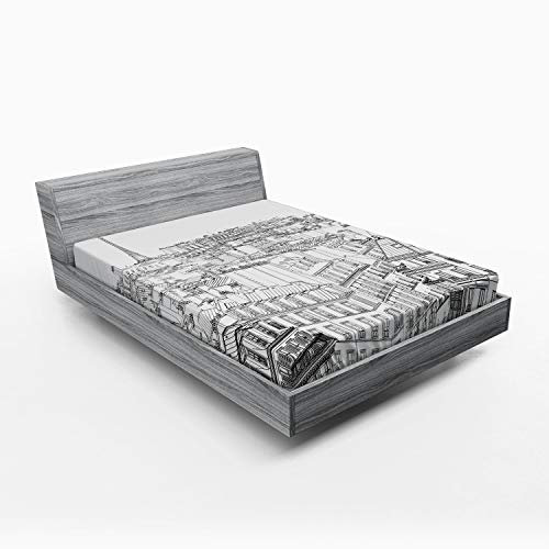 ABAKUHAUS Paris Spannbetttuch, Dächer in Paris und Eiffel, Soft Dekorativer Stoff Bettwäsche Rund-um Elastischer Gummizug, 150 x 190 cm, Grau Weiß
