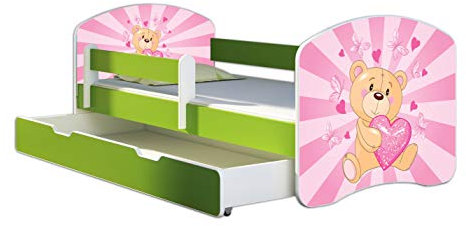 ACMA Kinderbett Jugendbett mit Einer Schublade und Matratze Grün mit Rausfallschutz Lattenrost II 140x70 160x80 180x80 (10 Teddybär, 180x80 + Bettkasten)