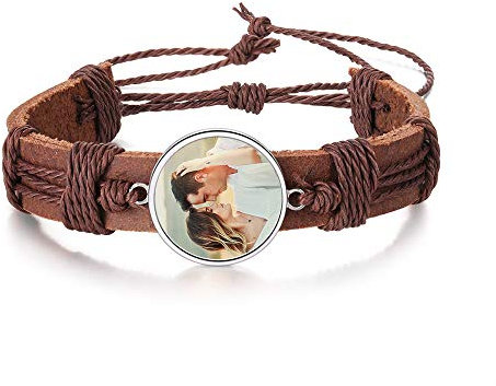Personnalisé Photo Gravé Bracelet Corde Tressée Bracelet En Cuir Hommes Personnalisé Photo Bracelet Bijoux pour Hommes Femmes Cadeau pour Anniversaire Fête des Pères (marron)