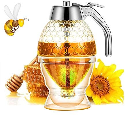 XIYUAN Distributeur de miel, distributeur de sirop, beau pot à miel en nid d'abeille, pot à miel avec support
