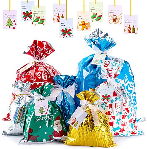 Buste Regalo con Cordoncino Natale, Evance 35 Sacchetti Regalo di Natale con 36 Tag Regalo, Sacchetti Regalo natale con Coulisse en 4 Dimensioni -44x60cm, 39x50cm, 29x43cm & 24x32cm