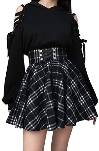 YEMOCILE Damen süßer karierter Mini-Faltenrock mit hoher Taille im Gothic-Stil, A-Linie, zum Schnüren, Schwarz