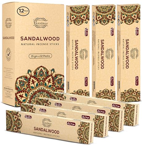 raajsee Sandelholz Natürlich Räucherstäbchen 15 g x 12 Packung, 100% Rein Organisch Handgerollt, Frei Von Chemikalien, Perfekt Für Die Kirche, Aromatherapie, Meditation, Positivität