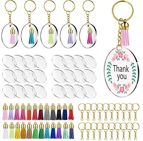 Auveach lot de 90 porte-clés ronds, transparents, en acrylique avec disques et anneaux, porte-clés pour artisanat, pendentifs colorés en forme de cercle avec pompon, pour projets de bricolage, doré