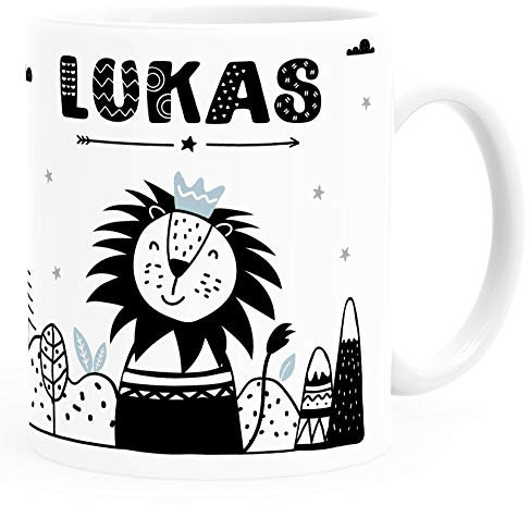 SpecialMe® Kindertasse Löwe Tiere Skandi-Stil personalisierte Namenstasse für Kinder Junge Mädchen skandinavisch Jungen weiß Keramik-Tasse