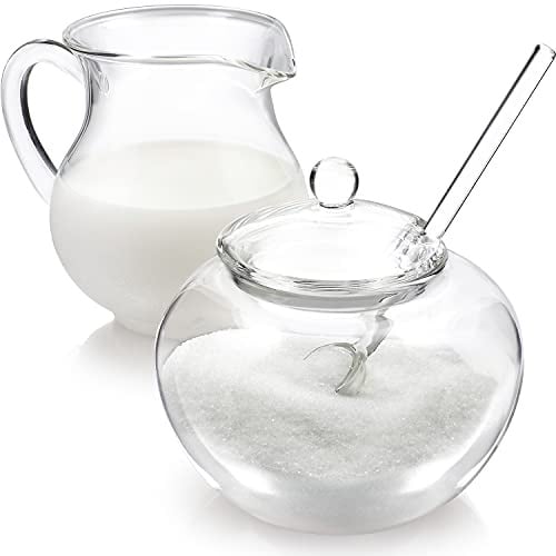 Teabloom Fleckenfreies & Geruchsfreies Borosilikatglas Zucker- und Sahnekännchen Set - Tee oder Kaffee Servierset inkl. Sahnekrug, Zuckerdose mit Deckel und Löffel (für bis zu 3-4 Personen)