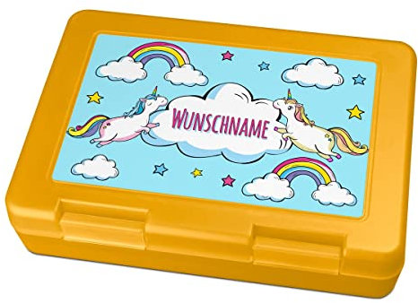 printplanet® Brotdose mit Wunschnamen personalisieren - Motiv Einhorn - Farbvariante Gelb