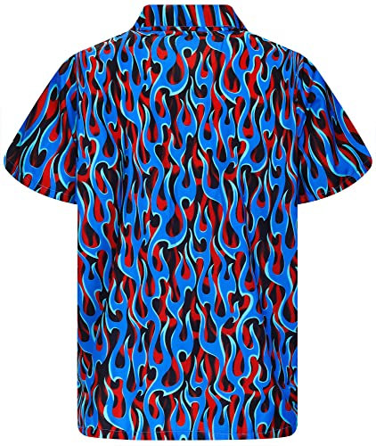 King Kameha Funky Hawaiian Shirt, Men, Shortsleeve, Flames Allover, Blue, S