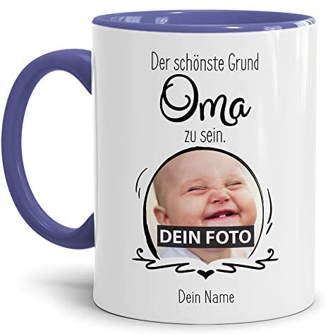 Tasse mit Spruch - Der schönste Grund Oma zu sein - Personalisierbare Keramiktasse mit Namen und Foto - Geschenk Oma - Innen & Henkel Cambridge Blau, 300 ml